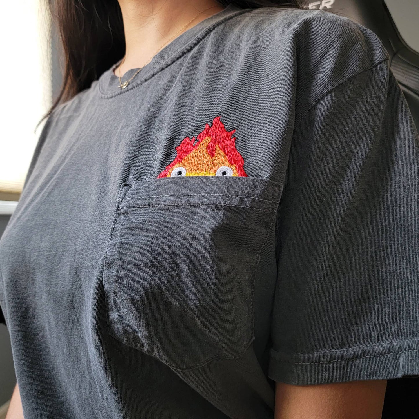 Calcifer Merch Embroidered Anime Pocket Shirt