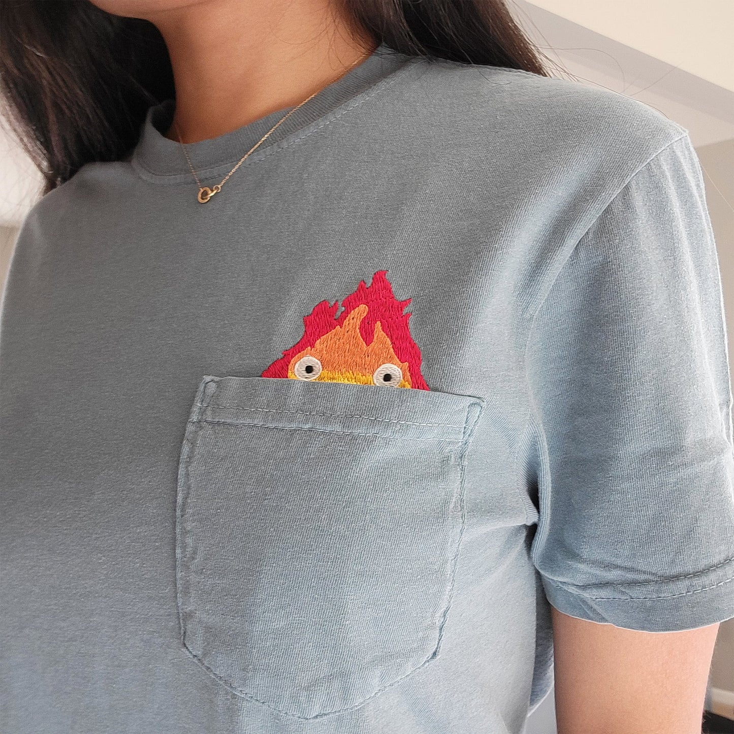 Calcifer Merch Embroidered Anime Pocket Shirt