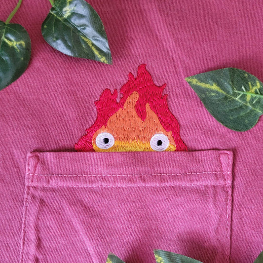 Calcifer Merch Embroidered Anime Pocket Shirt