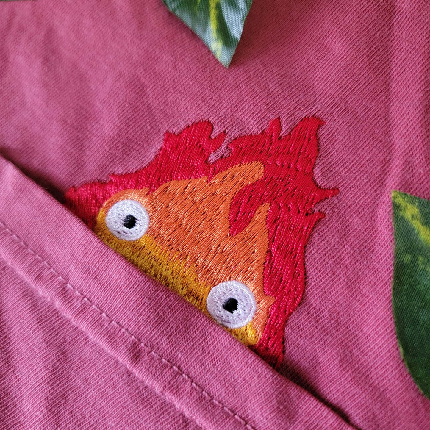 Calcifer Merch Embroidered Anime Pocket Shirt
