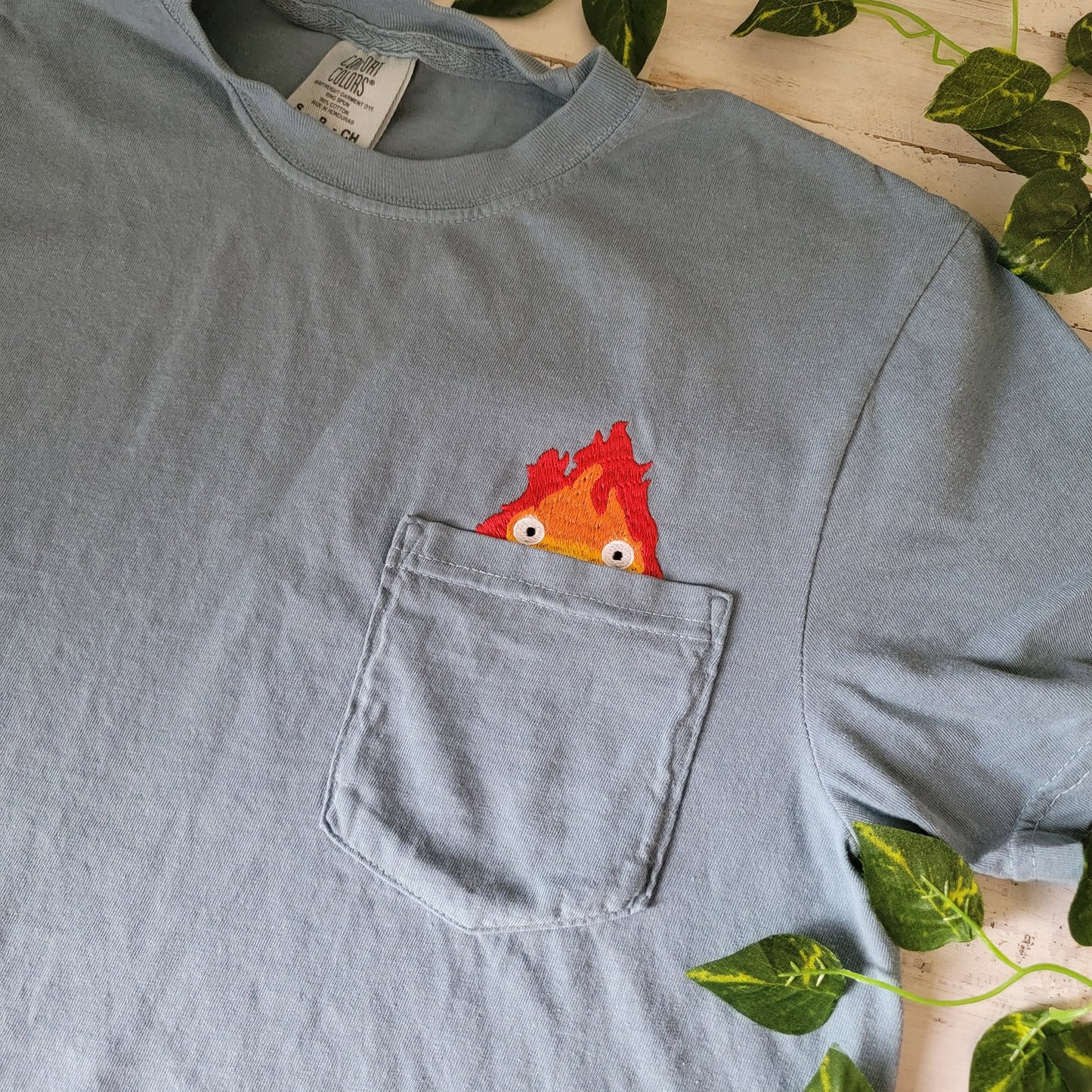 Calcifer Merch Embroidered Anime Pocket Shirt