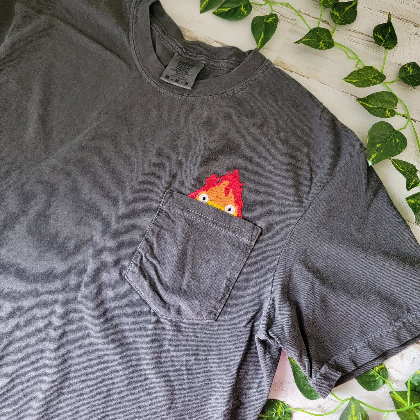 Calcifer Merch Embroidered Anime Pocket Shirt