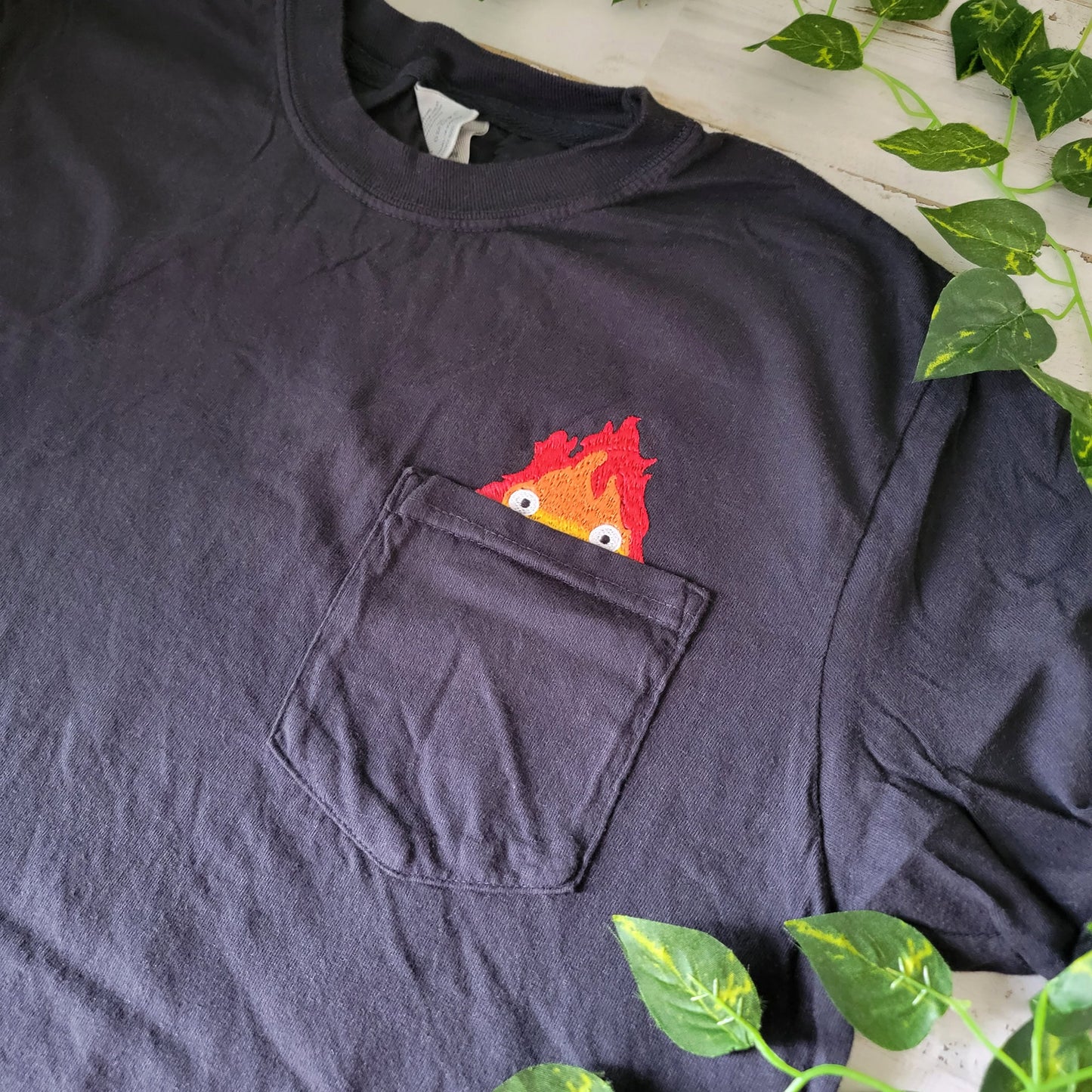Calcifer Merch Embroidered Anime Pocket Shirt