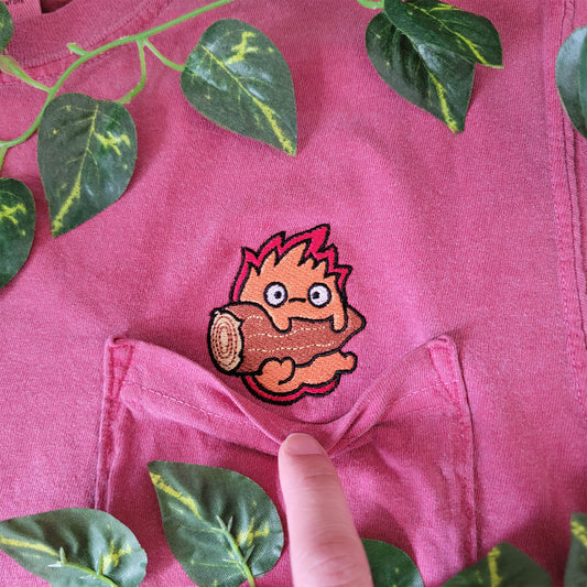 Calcifer Yule Log Merch Embroidered Anime Pocket Shirt