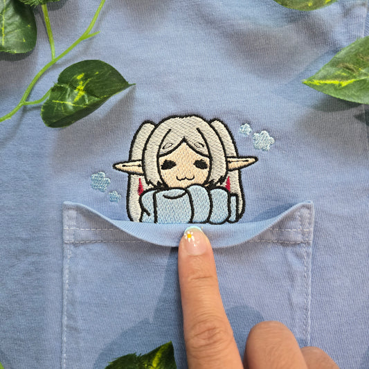 Cozy Frieren Sleeping Scarf Embroidered Anime Pocket Shirt