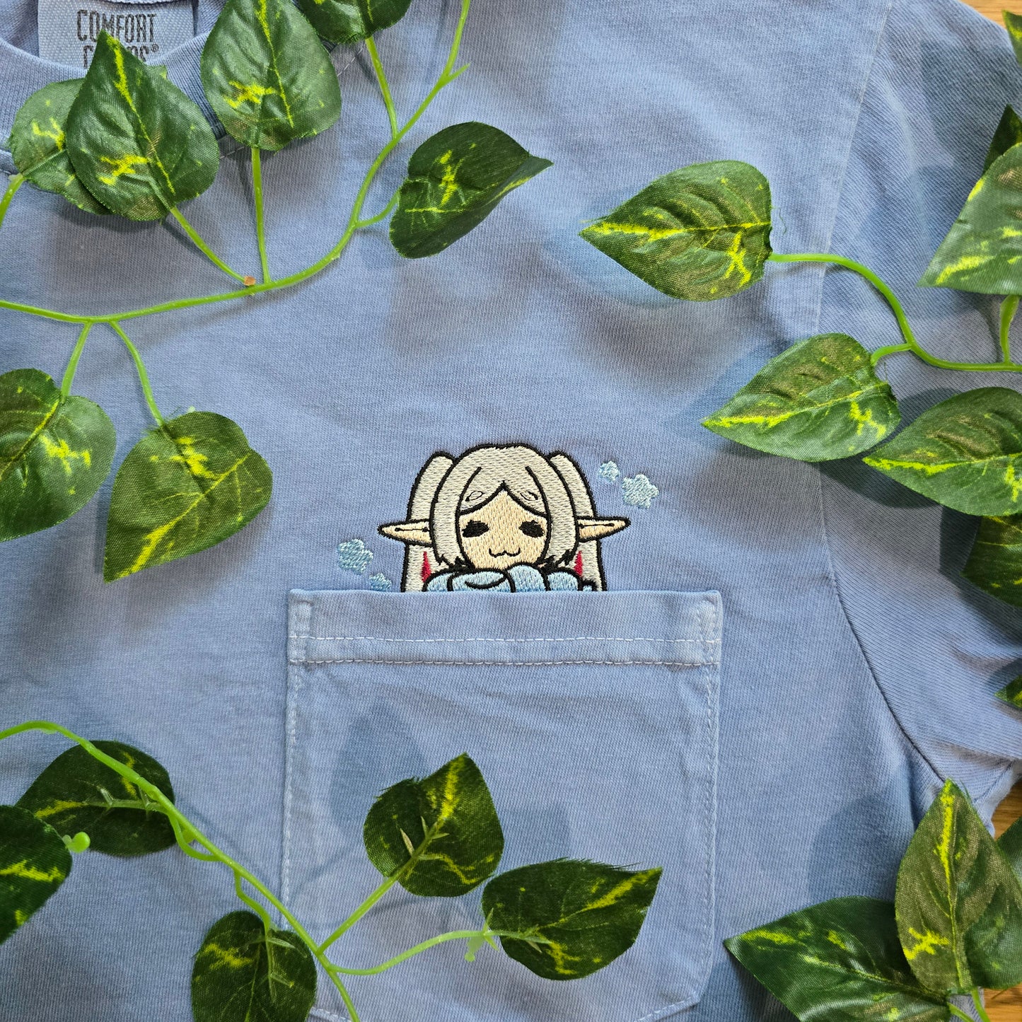 Cozy Frieren Sleeping Scarf Embroidered Anime Pocket Shirt