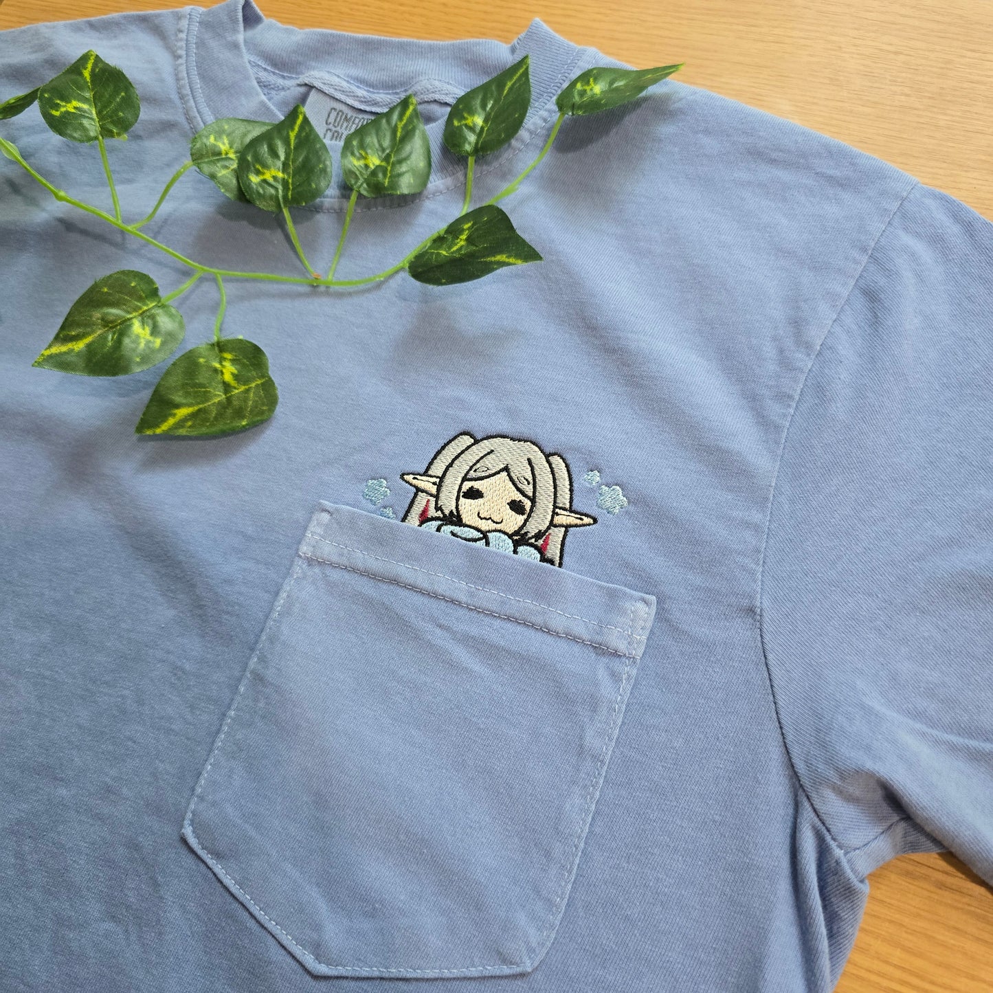 Cozy Frieren Sleeping Scarf Embroidered Anime Pocket Shirt