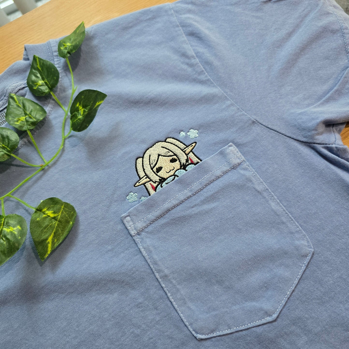 Cozy Frieren Sleeping Scarf Embroidered Anime Pocket Shirt