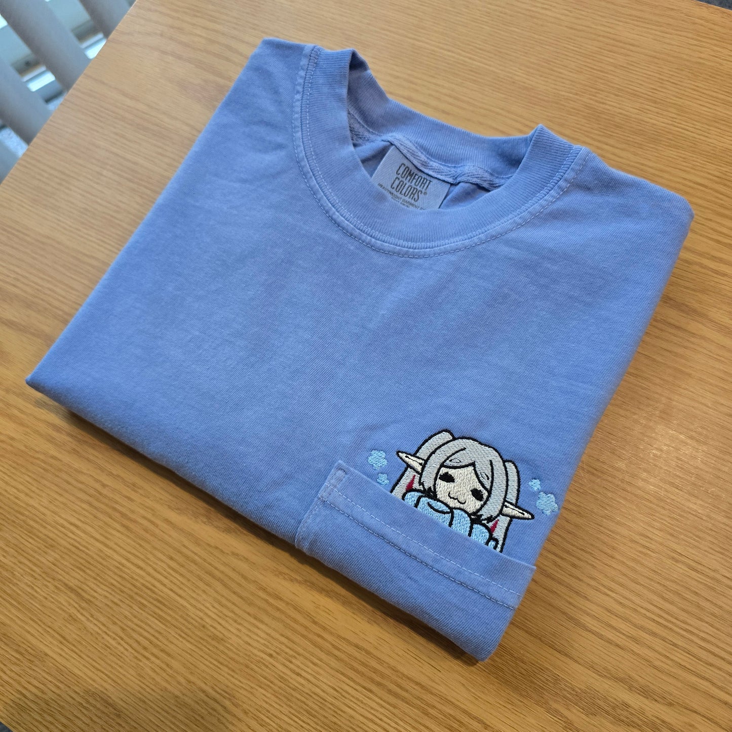 Cozy Frieren Sleeping Scarf Embroidered Anime Pocket Shirt