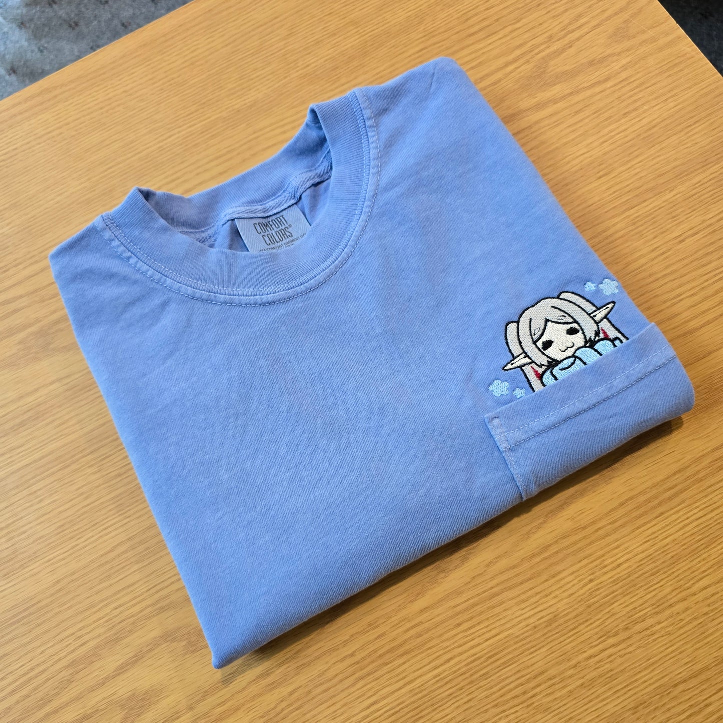 Cozy Frieren Sleeping Scarf Embroidered Anime Pocket Shirt