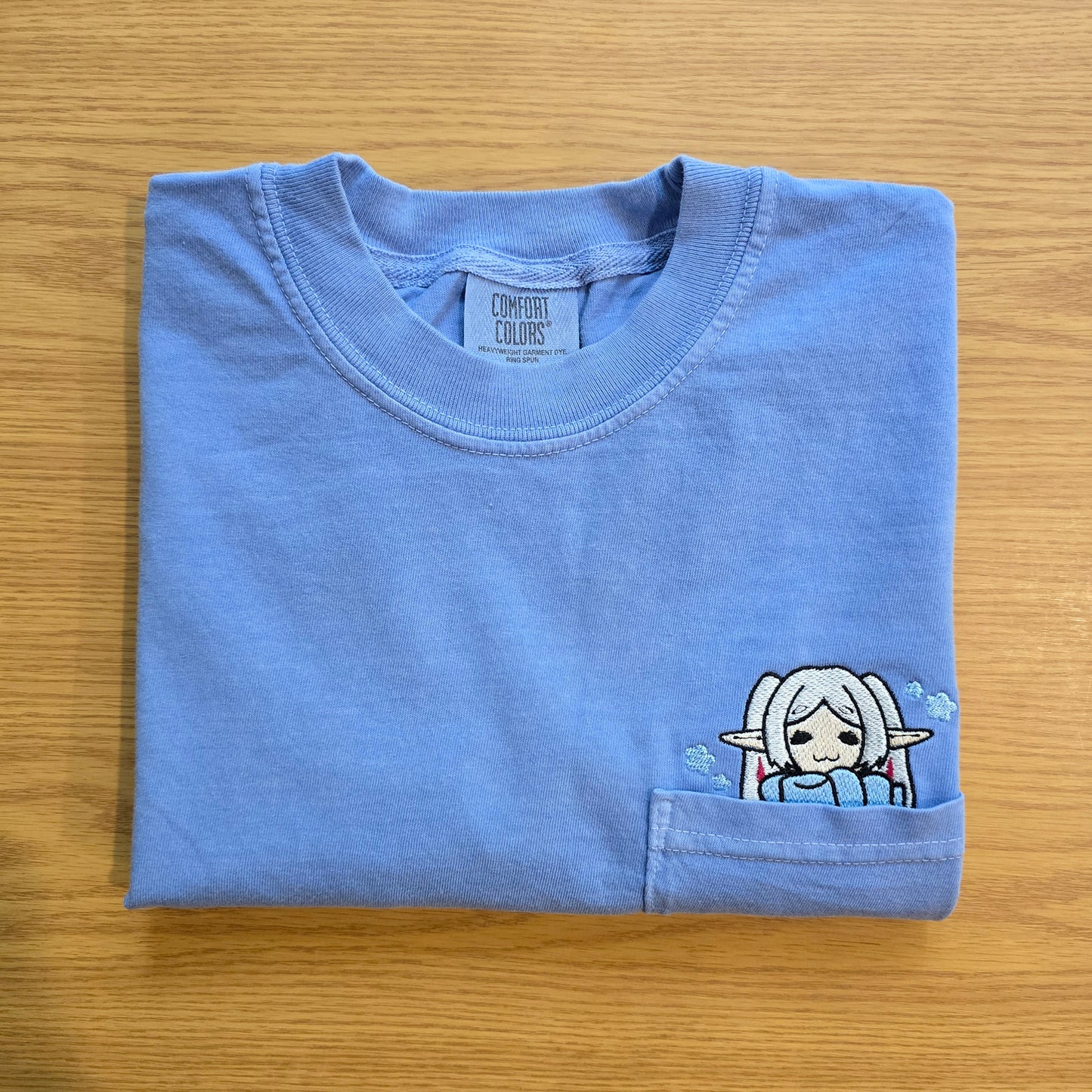 Cozy Frieren Sleeping Scarf Embroidered Anime Pocket Shirt