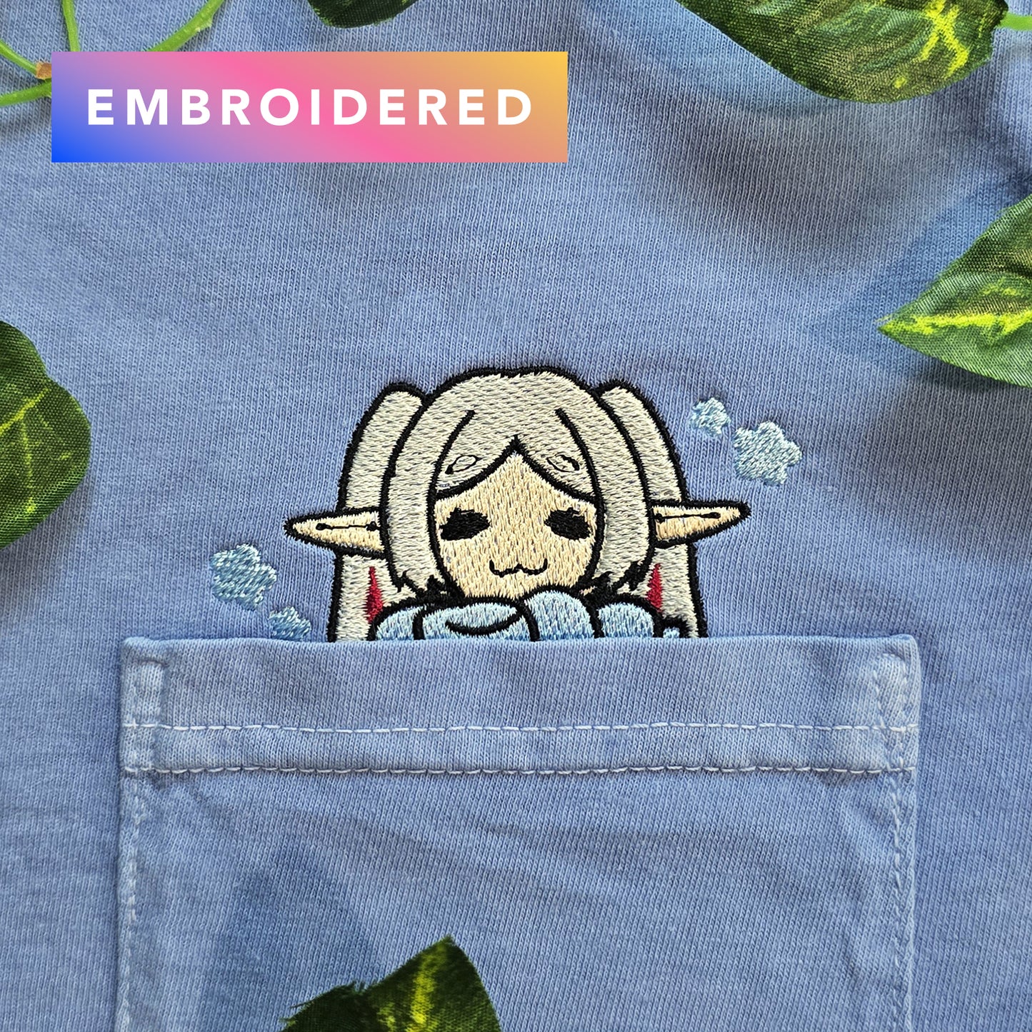 Cozy Frieren Sleeping Scarf Embroidered Anime Pocket Shirt