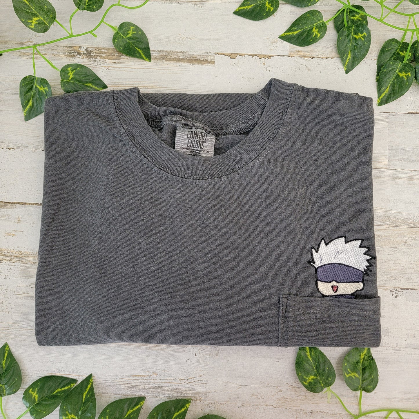 JJK Chibi Gojo Satoru Embroidered Anime Pocket Shirt