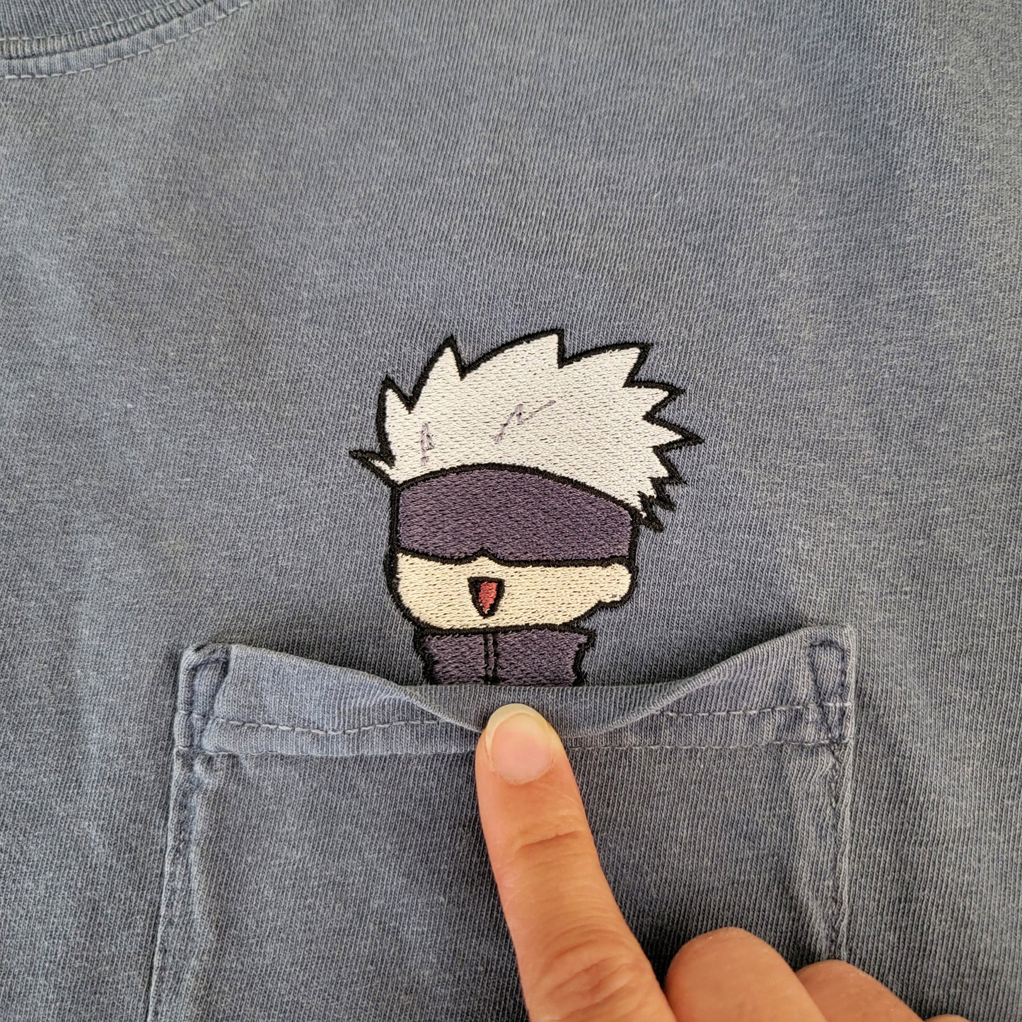JJK Chibi Gojo Satoru Embroidered Anime Pocket Shirt
