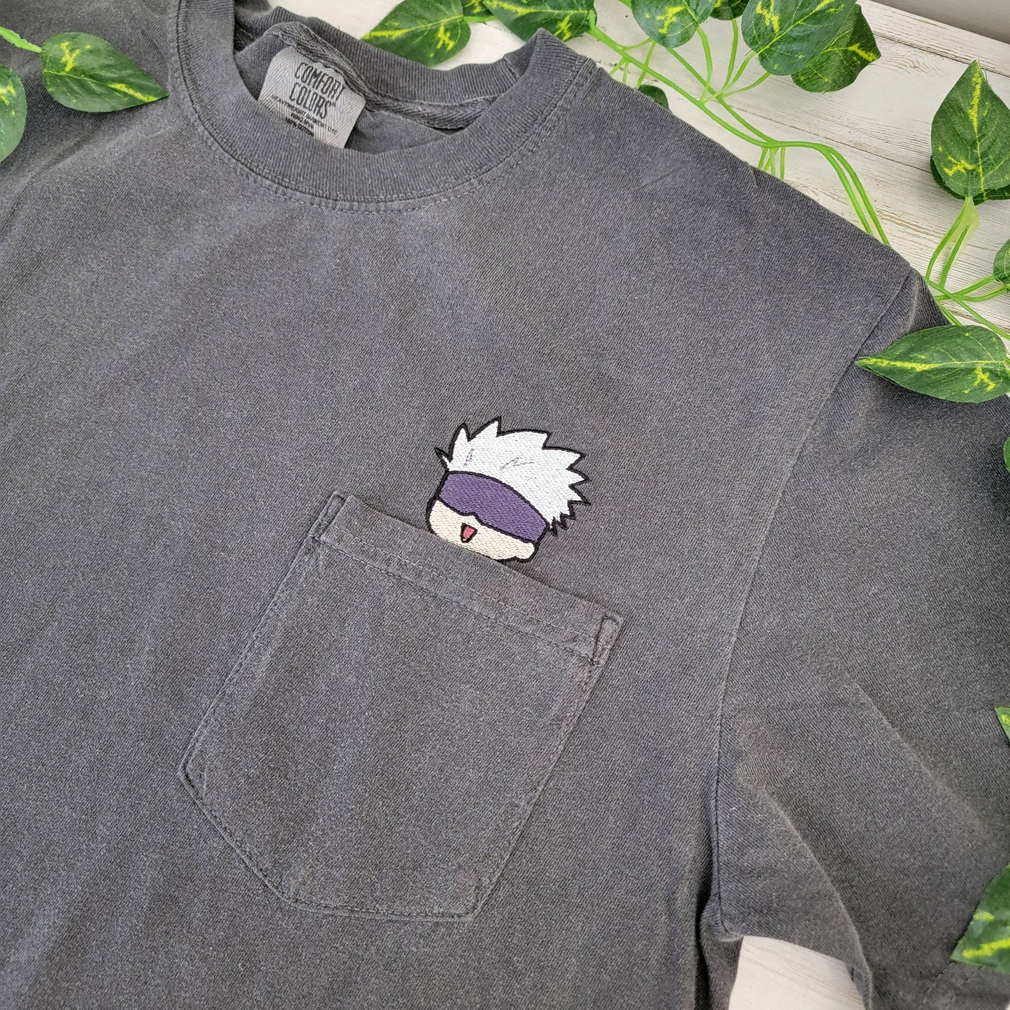 JJK Chibi Gojo Satoru Embroidered Anime Pocket Shirt