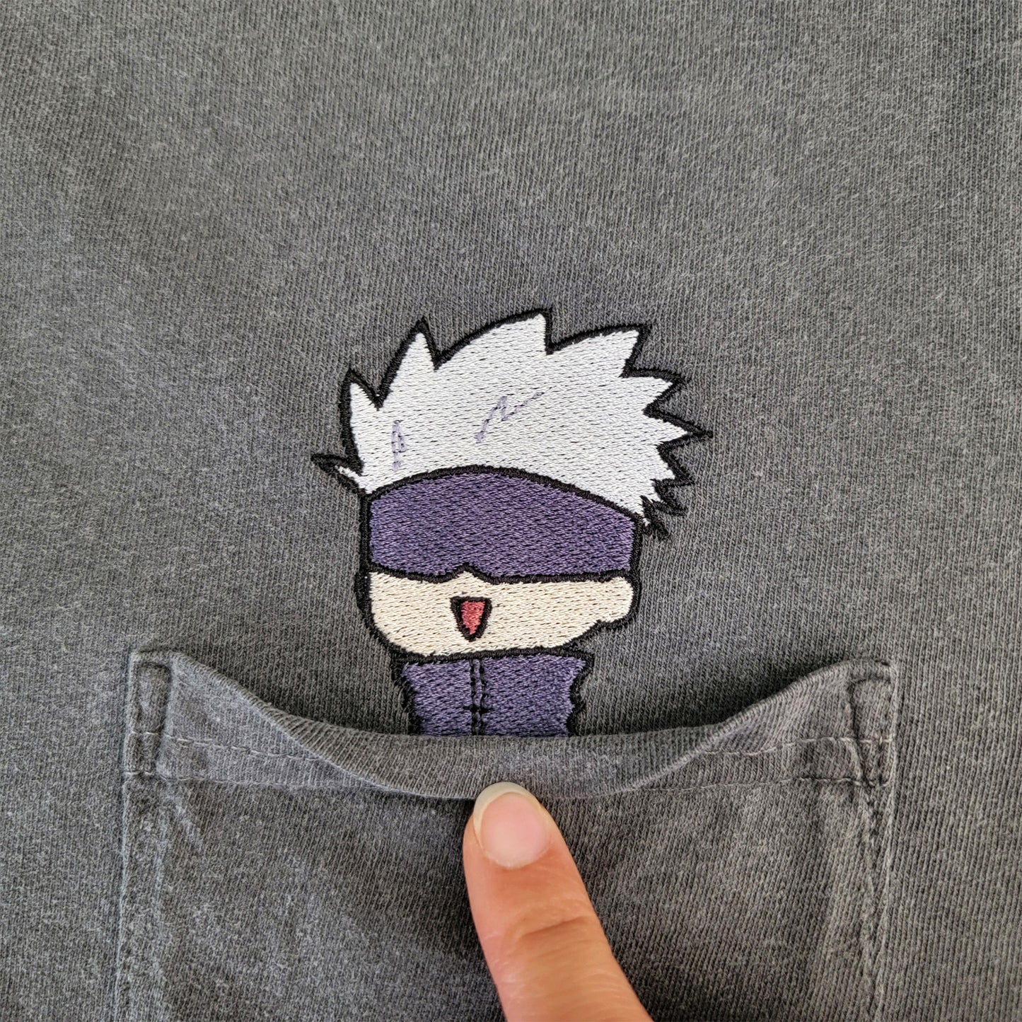 JJK Chibi Gojo Satoru Embroidered Anime Pocket Shirt