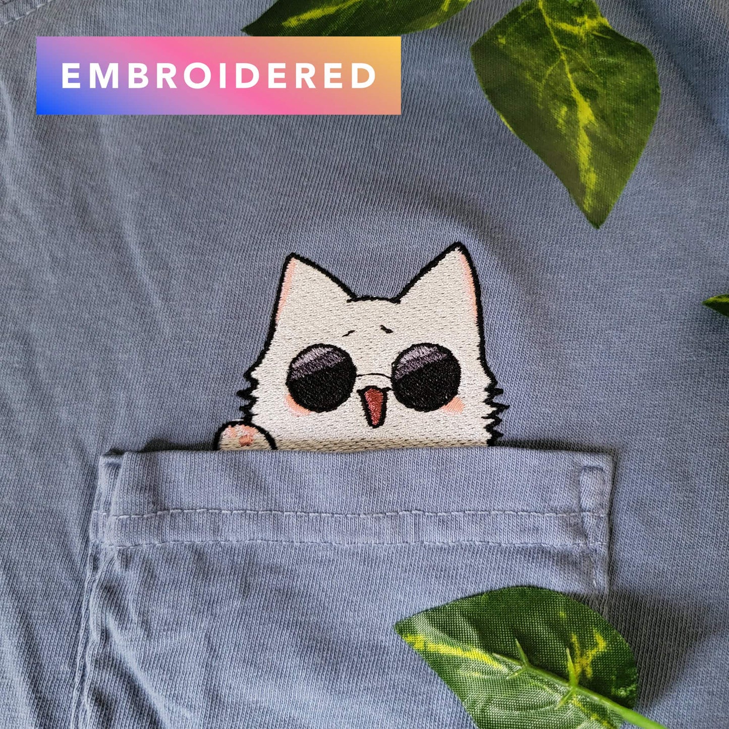 JJK Gojo Cat Meme Embroidered Anime Pocket Shirt