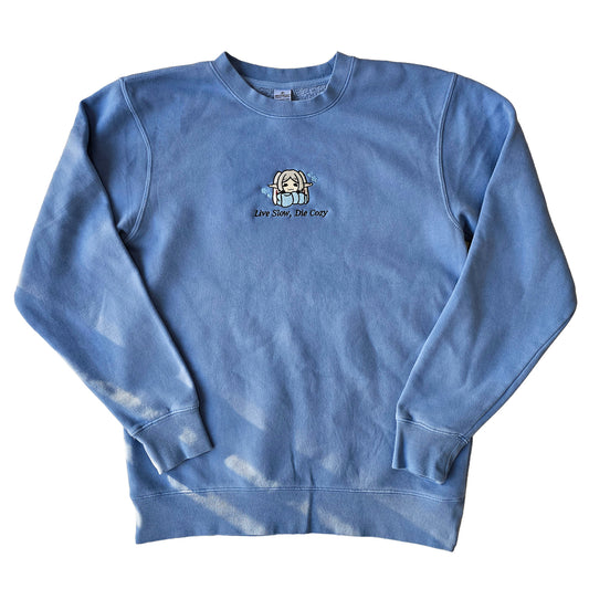 Live Slow Die Cozy Frieren Sleeping Scarf Droopy Face Chibi Himmel Flowers Embroidered Anime Crewneck