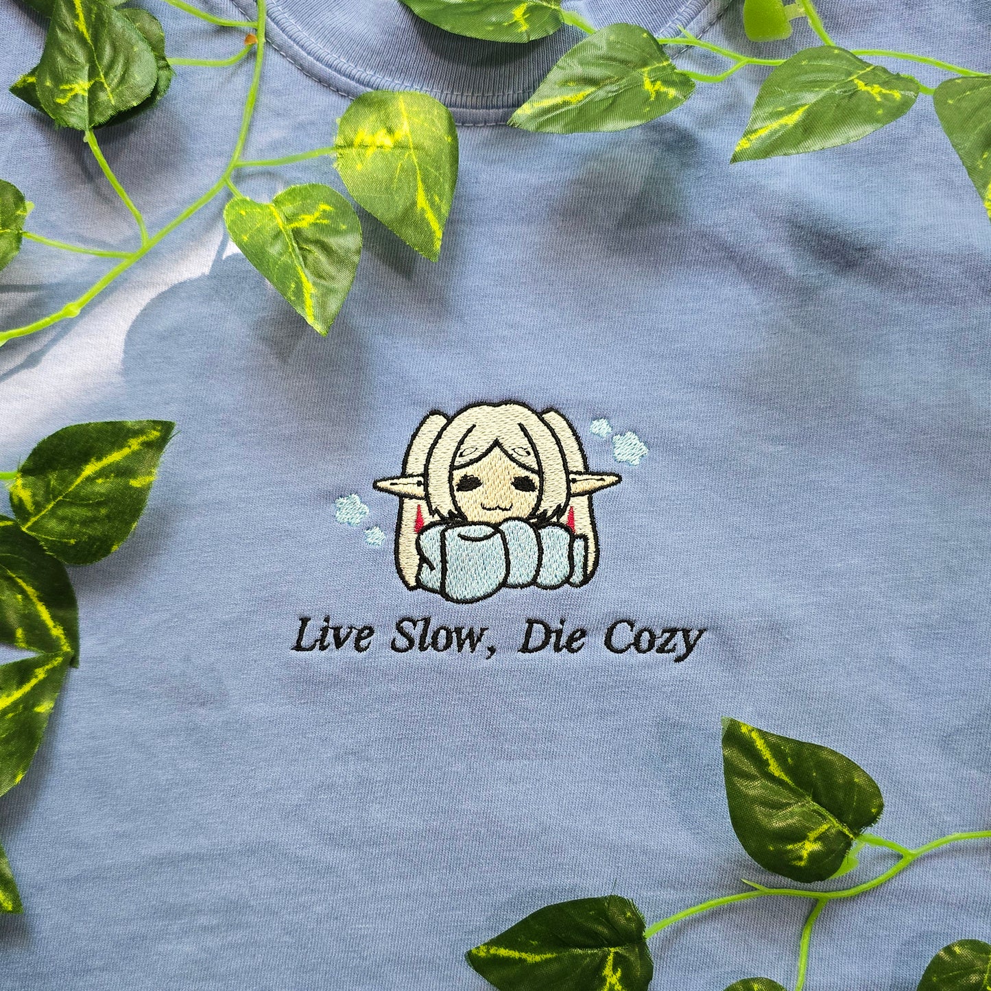 Live Slow Die Cozy Frieren Sleeping Scarf Embroidered Anime Shirt