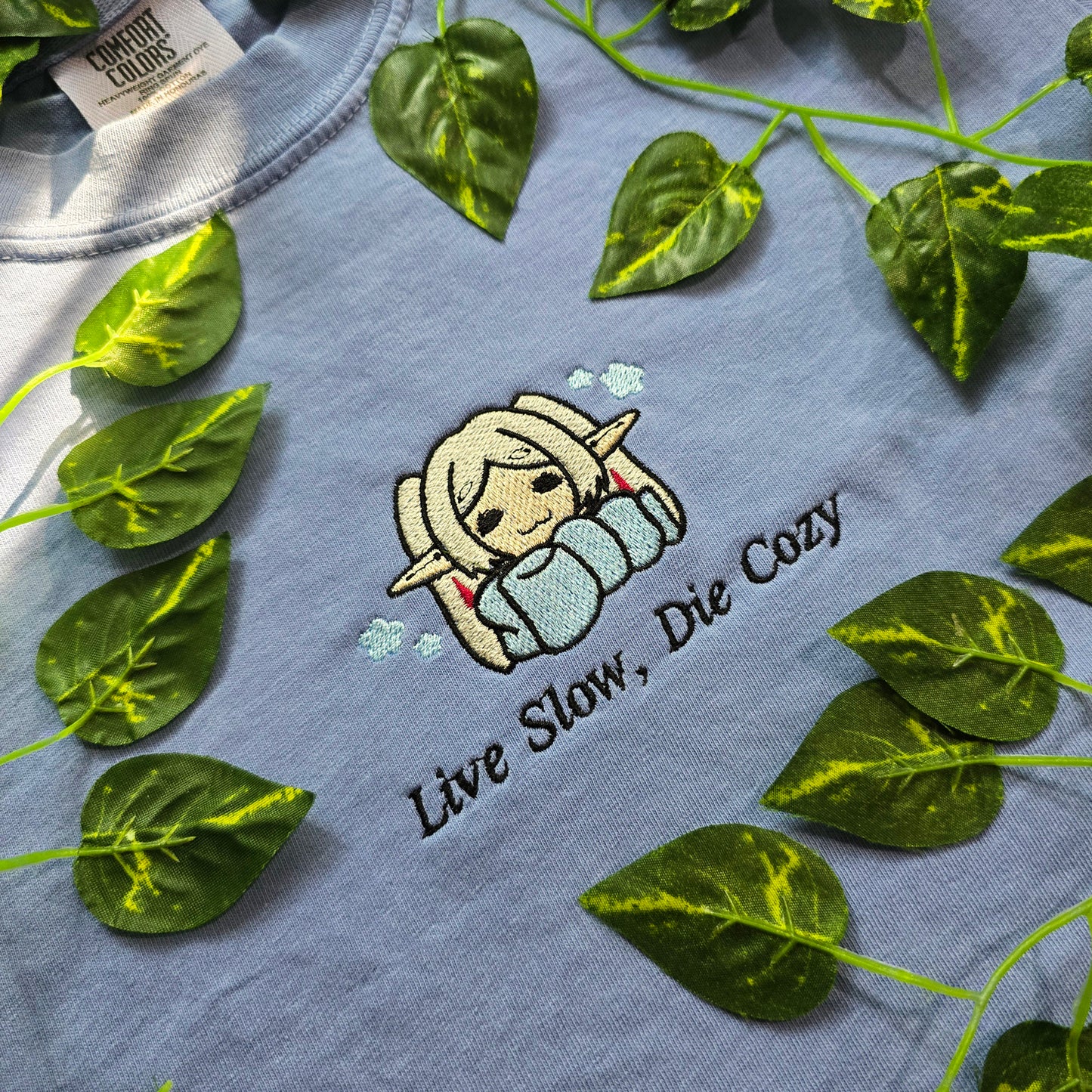 Live Slow Die Cozy Frieren Sleeping Scarf Embroidered Anime Shirt