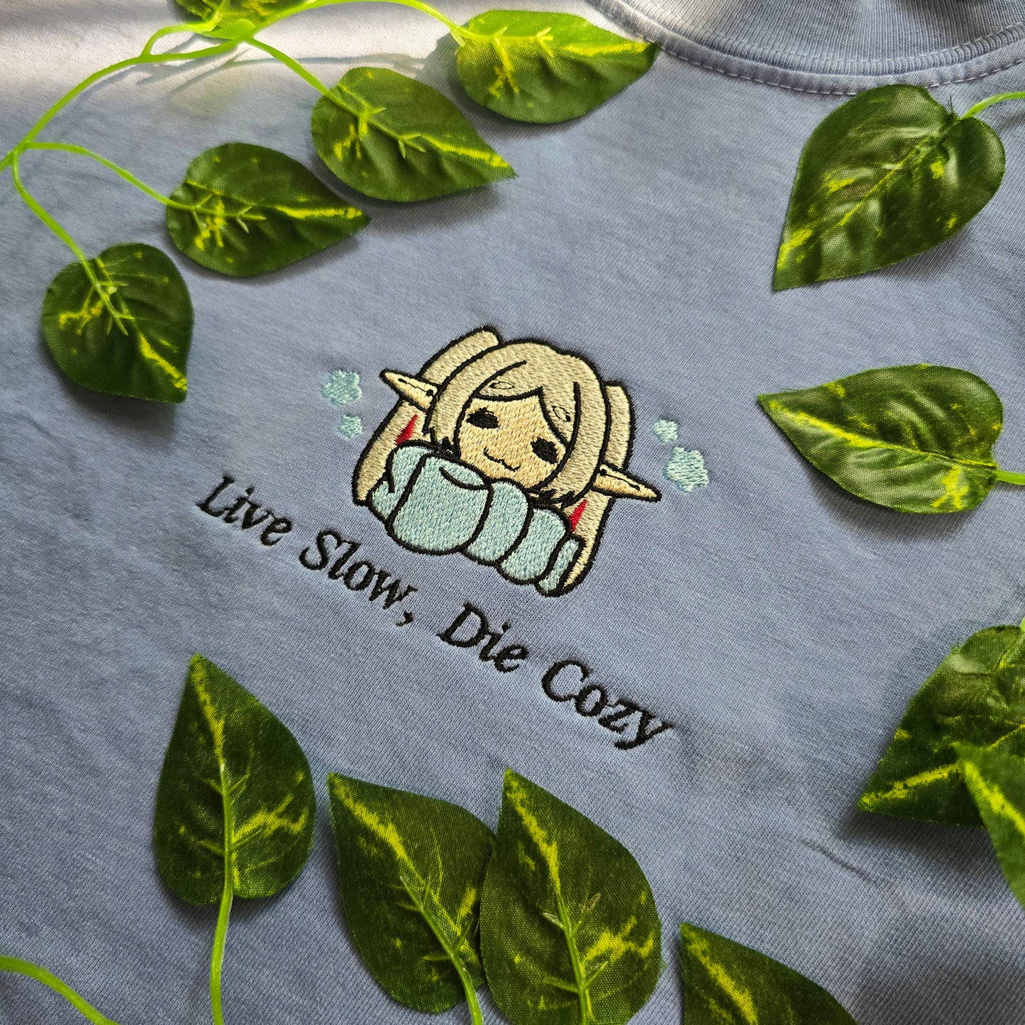 Live Slow Die Cozy Frieren Sleeping Scarf Embroidered Anime Shirt