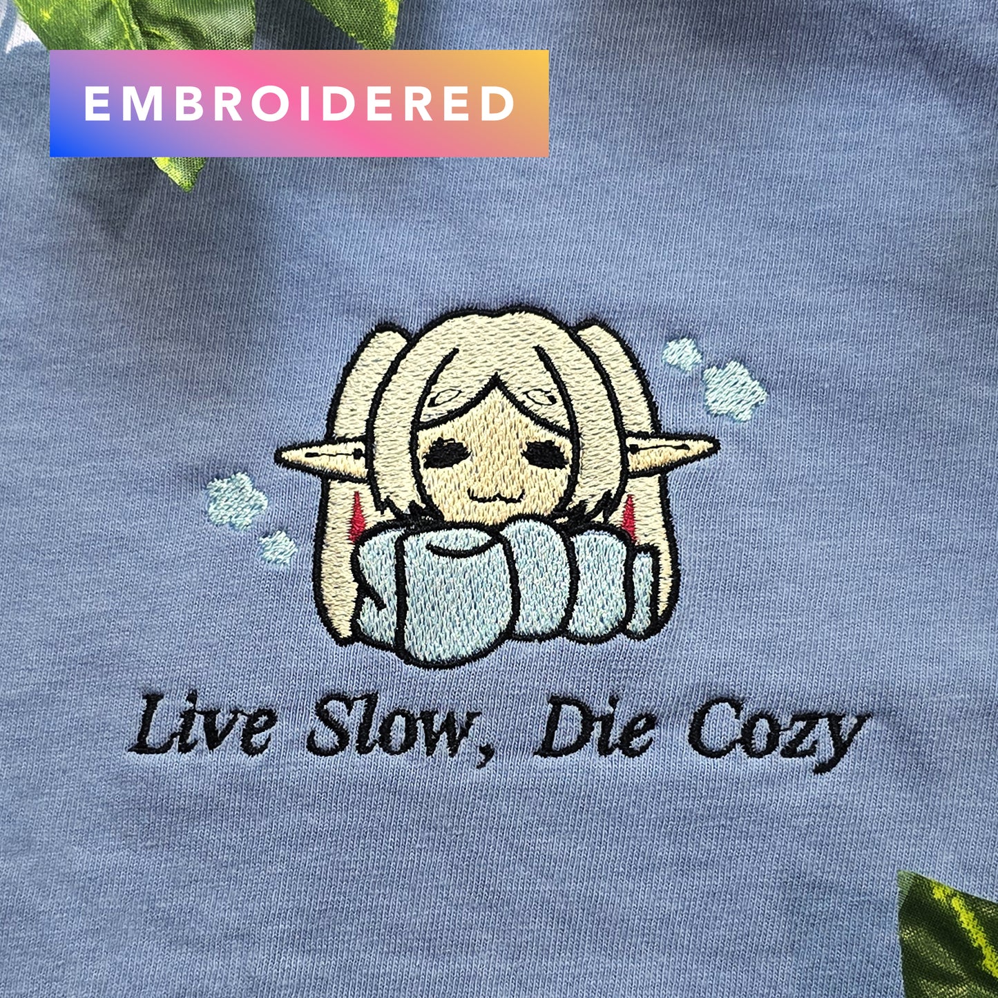 Live Slow Die Cozy Frieren Sleeping Scarf Embroidered Anime Shirt