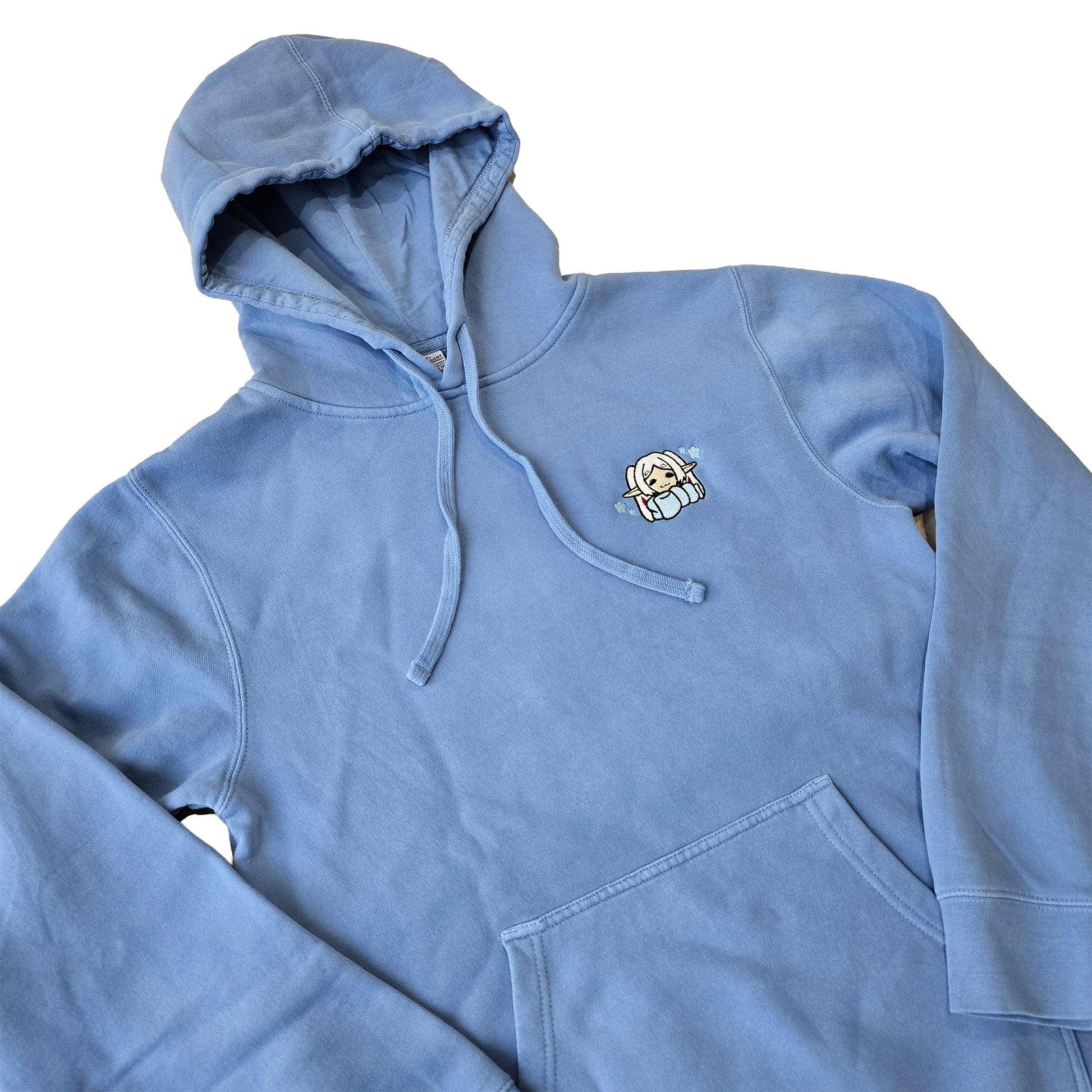 Cozy Frieren Sleeping Scarf Droopy Face Chibi Himmel Flowers Embroidered Anime Hoodie