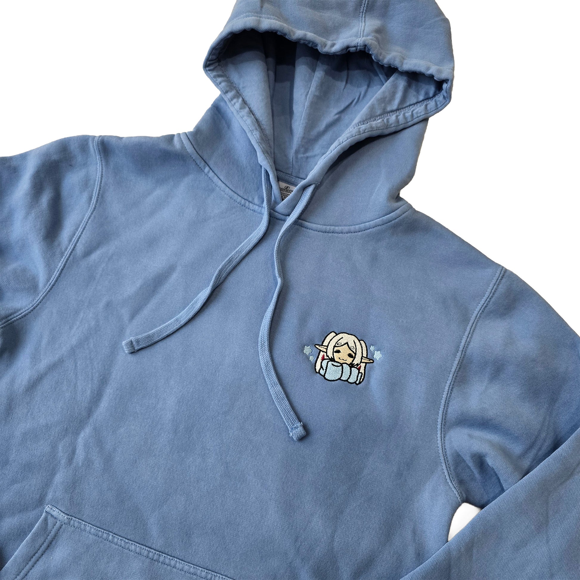 Cozy Frieren Sleeping Scarf Droopy Face Chibi Himmel Flowers Embroidered Anime Hoodie