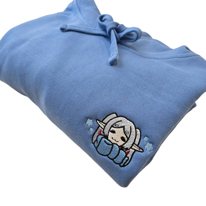 Cozy Frieren Sleeping Scarf Droopy Face Chibi Himmel Flowers Embroidered Anime Hoodie