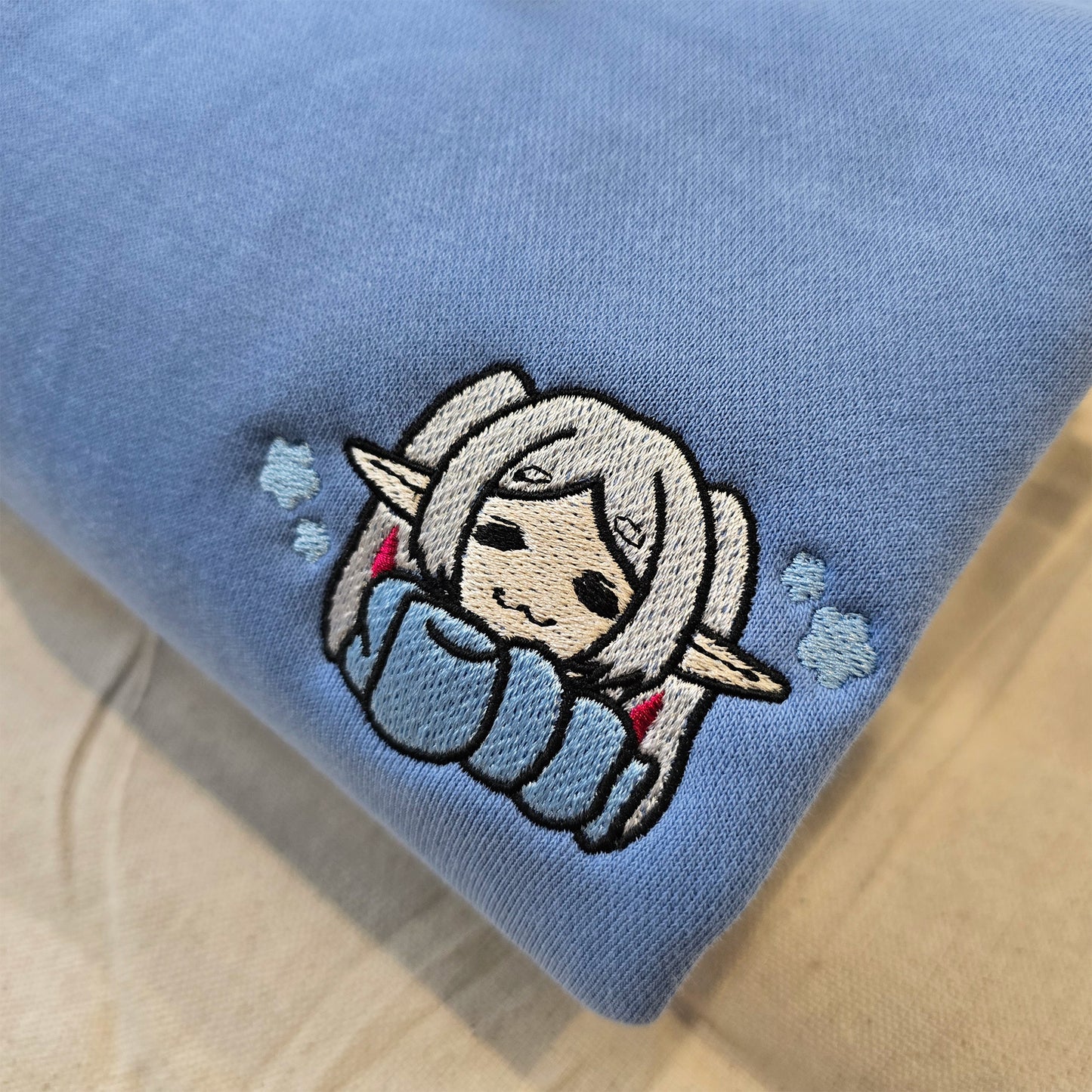 Cozy Frieren Sleeping Scarf Droopy Face Chibi Himmel Flowers Embroidered Anime Hoodie