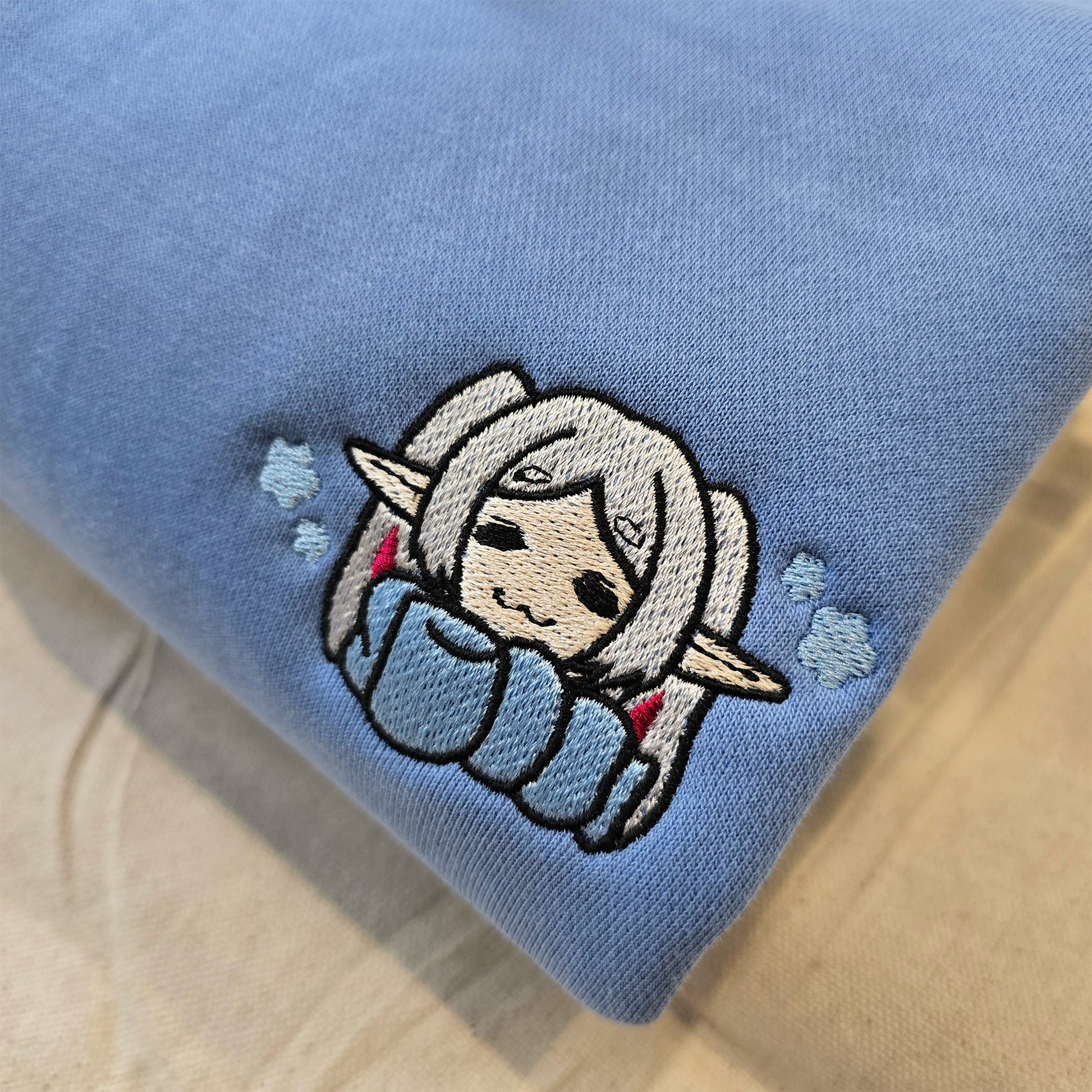 Cozy Frieren Sleeping Scarf Droopy Face Chibi Himmel Flowers Embroidered Anime Hoodie