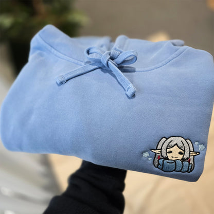Cozy Frieren Sleeping Scarf Droopy Face Chibi Himmel Flowers Embroidered Anime Hoodie