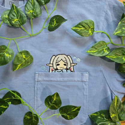 Cozy Frieren Sleeping Scarf Embroidered Anime Pocket Shirt