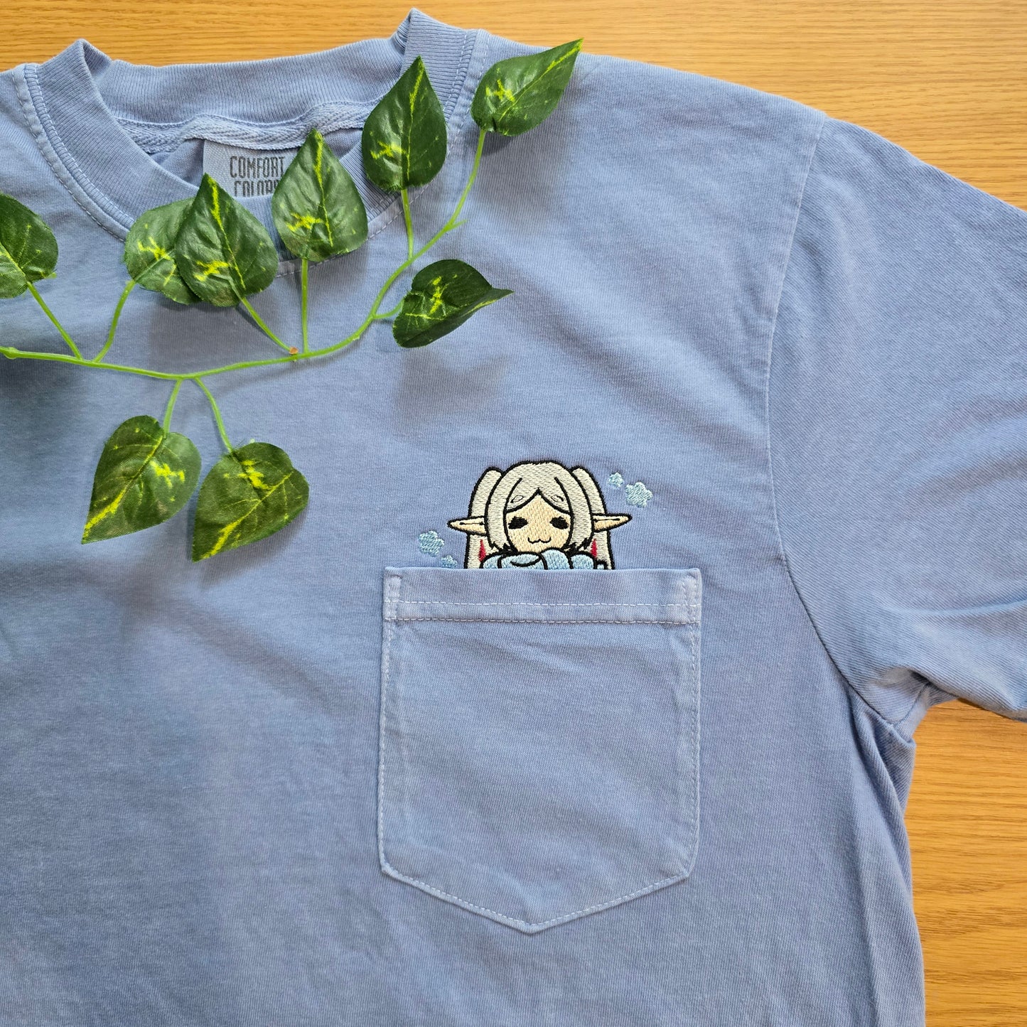 Cozy Frieren Sleeping Scarf Embroidered Anime Pocket Shirt