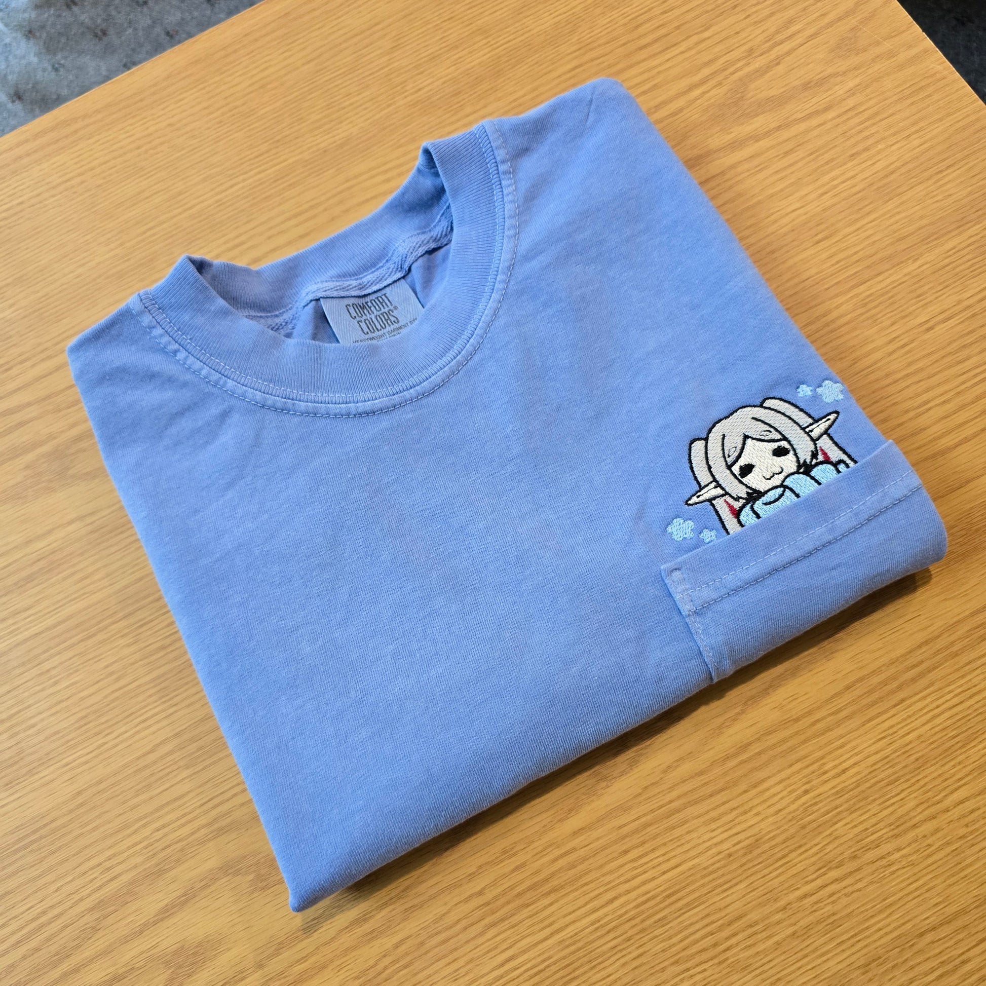 Cozy Frieren Sleeping Scarf Embroidered Anime Pocket Shirt