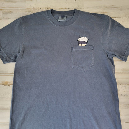 JJK Chibi Gojo Satoru Embroidered Anime Pocket Shirt