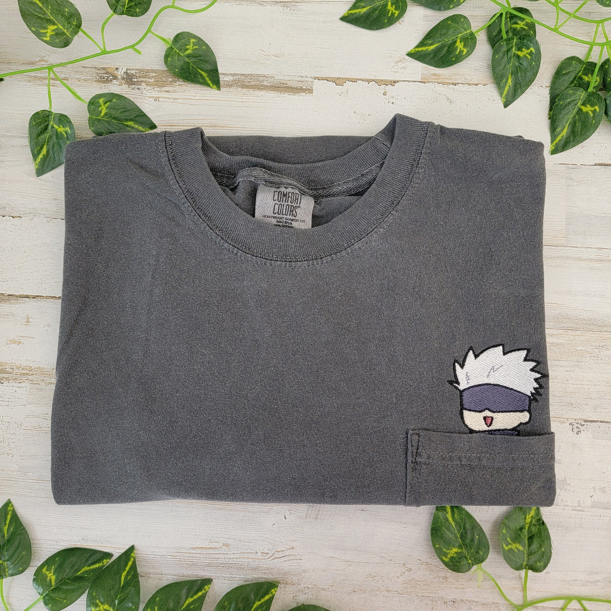 JJK Chibi Gojo Satoru Embroidered Anime Pocket Shirt