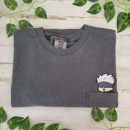 JJK Chibi Gojo Satoru Embroidered Anime Pocket Shirt