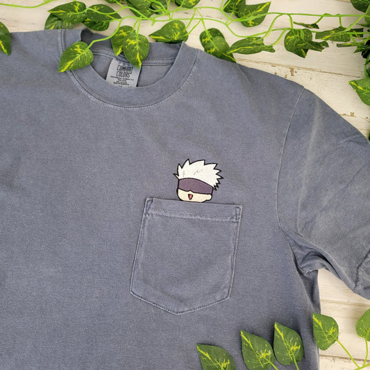 JJK Chibi Gojo Satoru Embroidered Anime Pocket Shirt