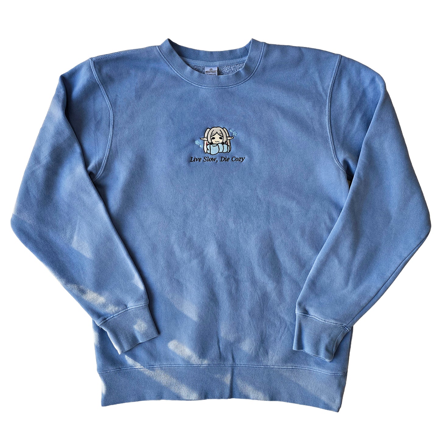 Live Slow Die Cozy Frieren Sleeping Scarf Droopy Face Chibi Himmel Flowers Embroidered Anime Crewneck