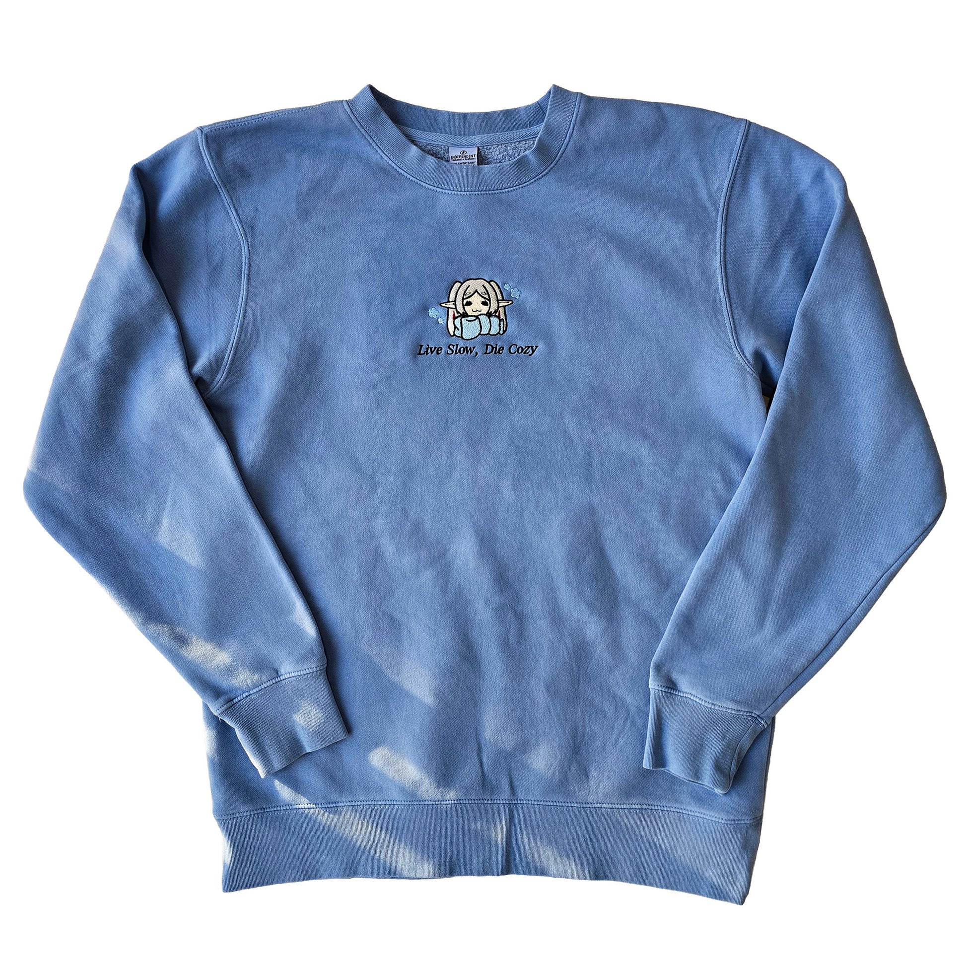 Live Slow Die Cozy Frieren Sleeping Scarf Droopy Face Chibi Himmel Flowers Embroidered Anime Crewneck