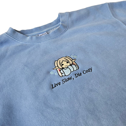 Live Slow Die Cozy Frieren Sleeping Scarf Droopy Face Chibi Himmel Flowers Embroidered Anime Crewneck