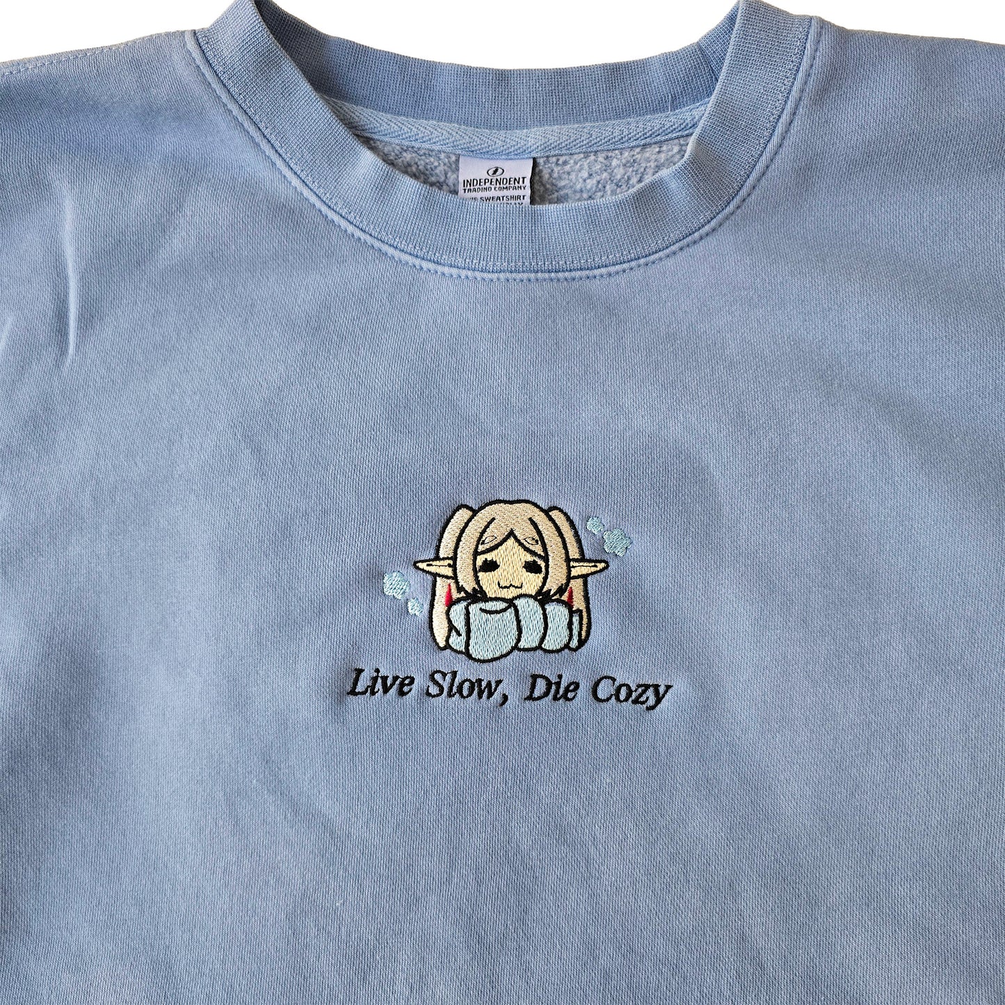 Live Slow Die Cozy Frieren Sleeping Scarf Droopy Face Chibi Himmel Flowers Embroidered Anime Crewneck