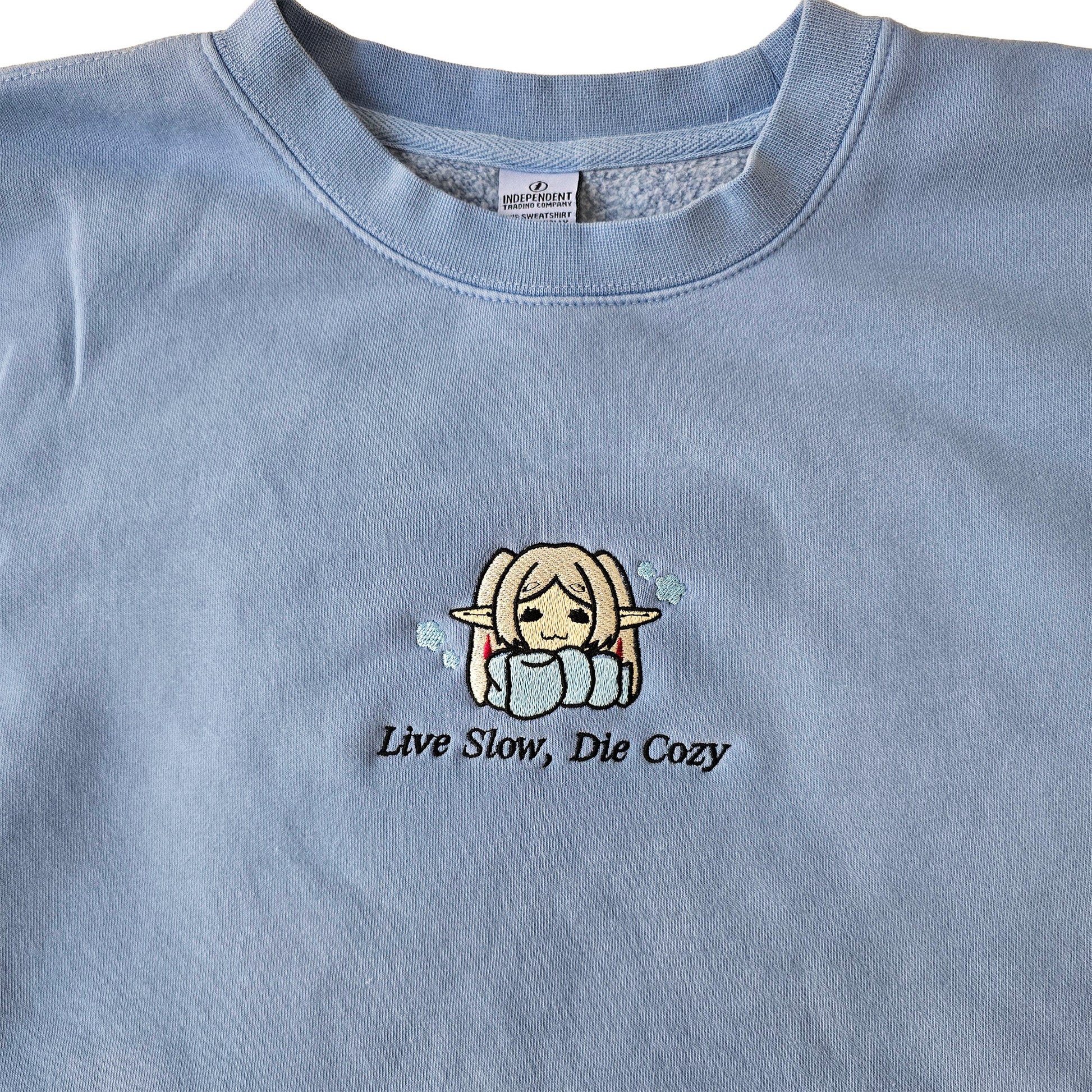 Live Slow Die Cozy Frieren Sleeping Scarf Droopy Face Chibi Himmel Flowers Embroidered Anime Crewneck