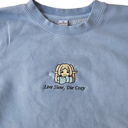 Live Slow Die Cozy Frieren Sleeping Scarf Droopy Face Chibi Himmel Flowers Embroidered Anime Crewneck