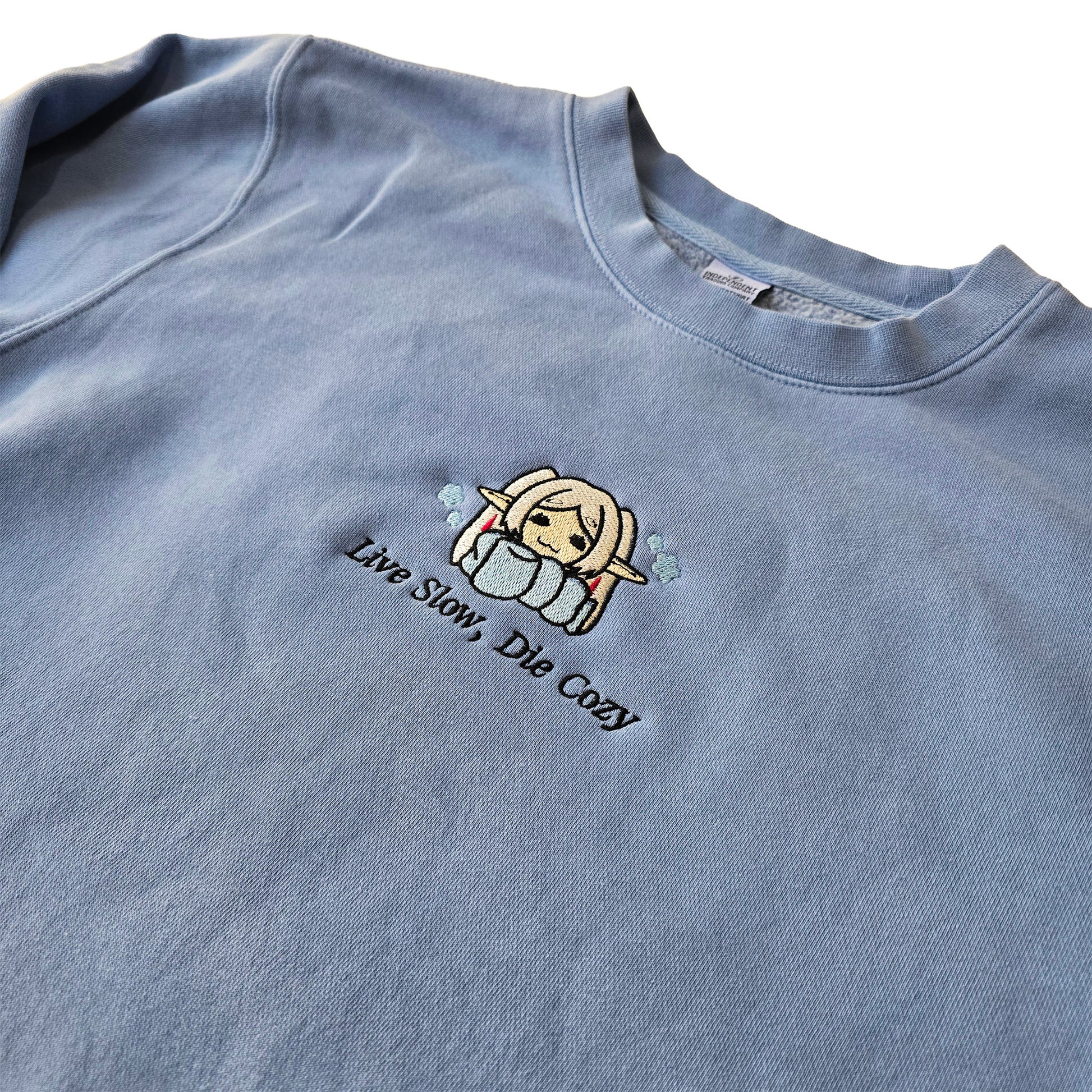 Live Slow Die Cozy Frieren Sleeping Scarf Droopy Face Chibi Himmel Flowers Embroidered Anime Crewneck