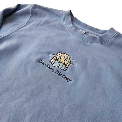 Live Slow Die Cozy Frieren Sleeping Scarf Droopy Face Chibi Himmel Flowers Embroidered Anime Crewneck