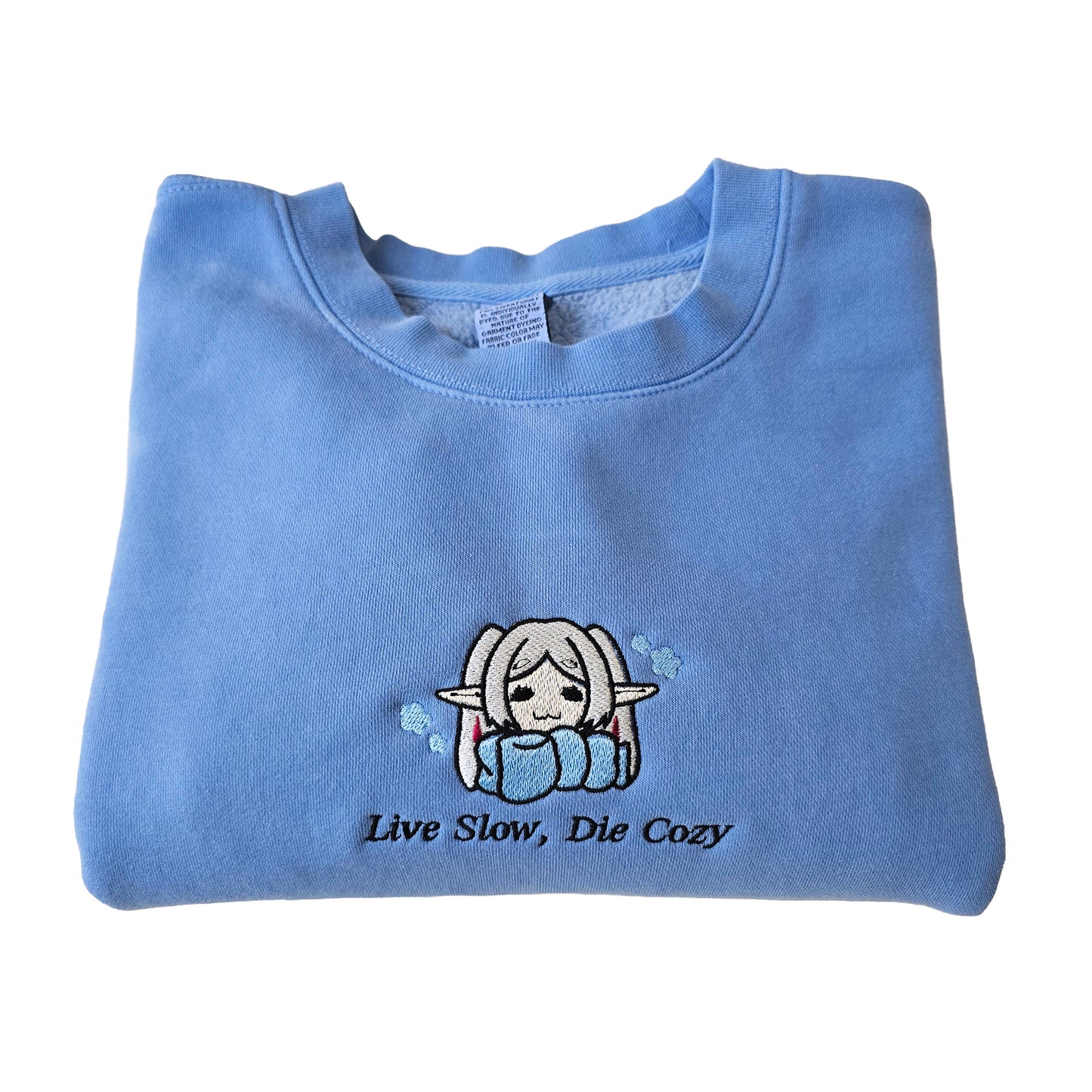 Live Slow Die Cozy Frieren Sleeping Scarf Droopy Face Chibi Himmel Flowers Embroidered Anime Crewneck