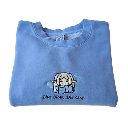 Live Slow Die Cozy Frieren Sleeping Scarf Droopy Face Chibi Himmel Flowers Embroidered Anime Crewneck