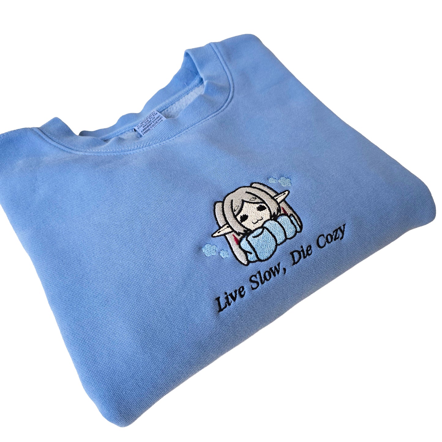 Live Slow Die Cozy Frieren Sleeping Scarf Droopy Face Chibi Himmel Flowers Embroidered Anime Crewneck